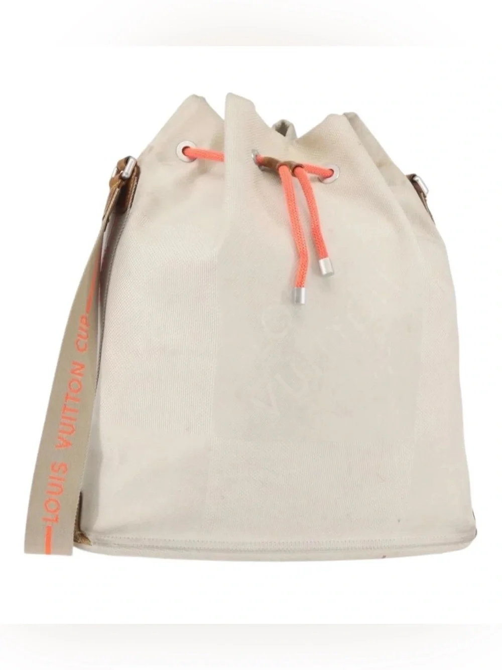 👜 LOUIS VUITTON Cream Canvas Drawstring Bucket Bag Damier Geant White Coral